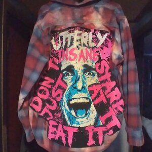 upcycled bleached flannel shirt w/ custom AMERICAN PSYCHO MOVIE back patch